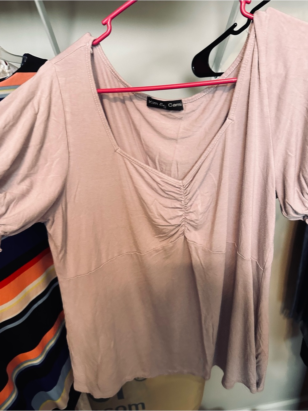 Kim & Cami Blush Pink Ruched V-Neck Short Sleeve Top